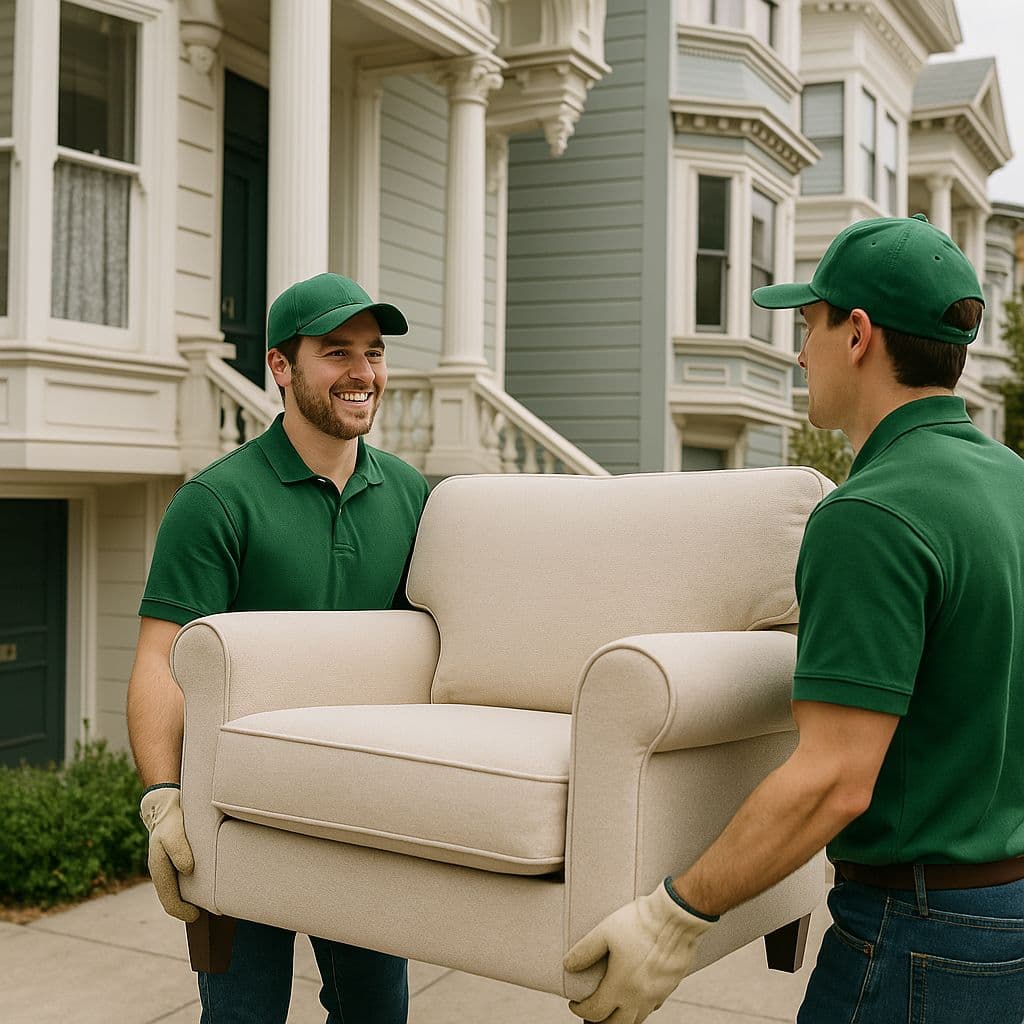 Moving team securing heavy items with straps