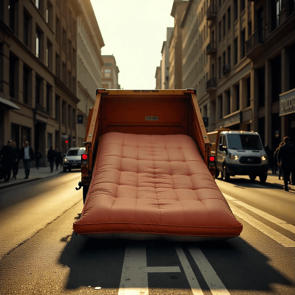 Technicians removing an old mattress for disposal